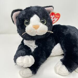 12" Ty Classic Plush 2016 Shadow Cat Laying Tuxedo Kitten Black White